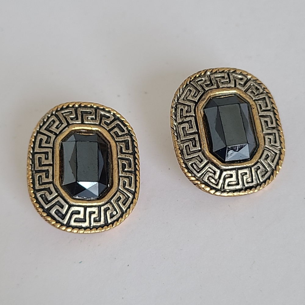Vintage Oval Bold Chunky Boho Greek Key Gold Silver Rhinestone Clip-On Earrings